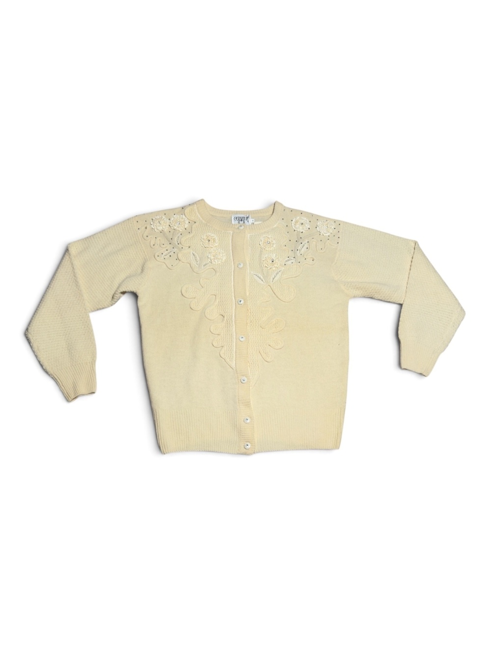 Vintage NWT Cervelle Cream Lambswool Cardigan with Floral Beaded Embroidery M